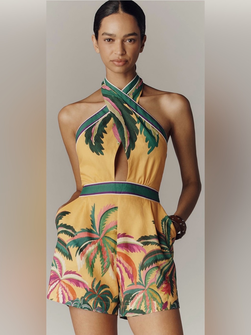 Farm Rio x Anthropologie Linen Blend Halter-
Neck Romper